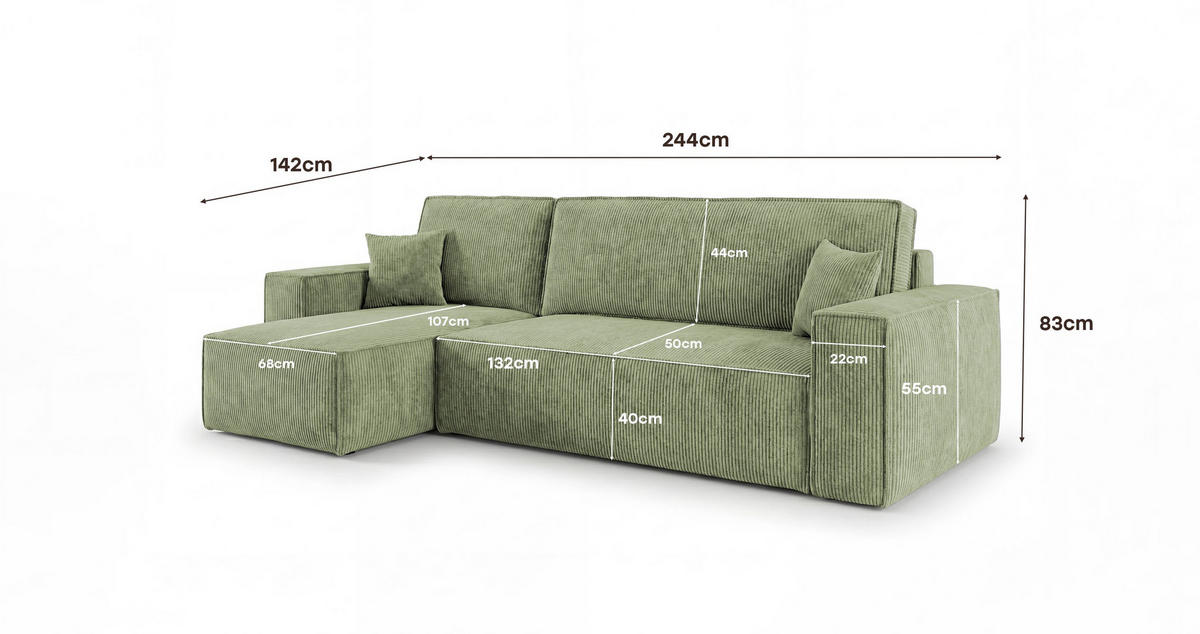 ROHOVÁ pohovka CALIFORNIA MINI levá světle zelená manšestr Poso 47 - funkce spaní, úložný prostor - světle zelená, textil (245/140cm) - Cornero