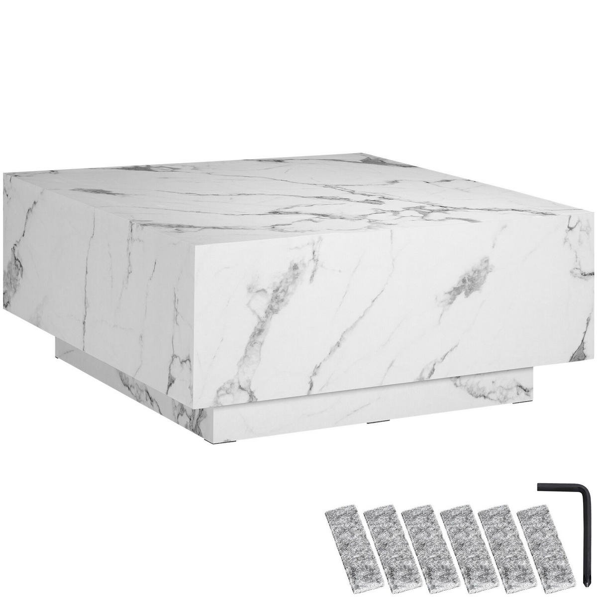 COUCHTISCH Lasley, inkl. Bodenschoner, Belastbarkeit 45 kg, Marmor Optik weiß - Weiß, Holz (80/80/35cm) - tectake