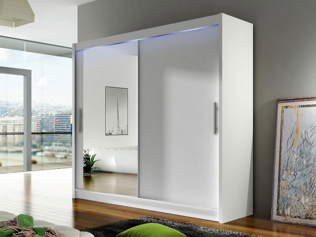 KLEIDERSCHRANK London VI, mit RGB LED Beleuchtung - Silberfarben/Weiß, Holzwerkstoff/Kunststoff (180/215/58cm) - MIRJAN24