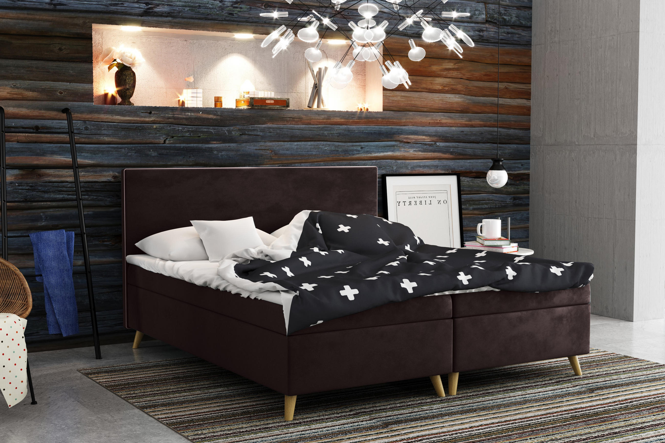 BOXBETT Mit Bettkasten Matratze + Topper BELLA Stoff Riviera Braun 160x200 cm H3-Bonell - Braun, Holz (160/200cm) - Kaiser Möbel