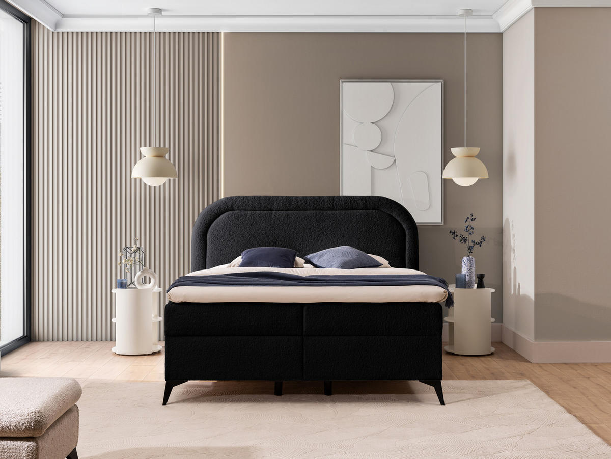 BOXBETT Sonna 160/200 cm Schwarz Bouclé-Stoff mit abgerundetem Kopfteil und mit schwarzen Metallfüße - Schwarz, Holz/Textil (160/200cm) - S-Style Möbel