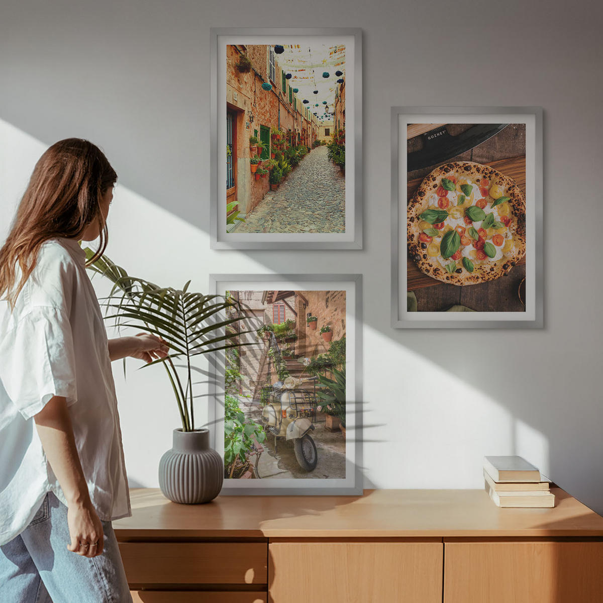 WANDBILDER 3er Set - 40x60 cm Silberner Rahmen - Charmante Straßen mit Pizza - Silberfarben, Kunststoff (40/60cm) - ArtPrintCave