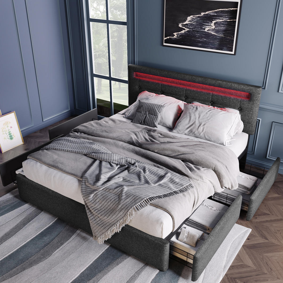 POLSTERBETT 140/200 cm Grau mit LED, 4 Schubladen und Matratze - Grau, Textil (140/200cm) - Flora Grace