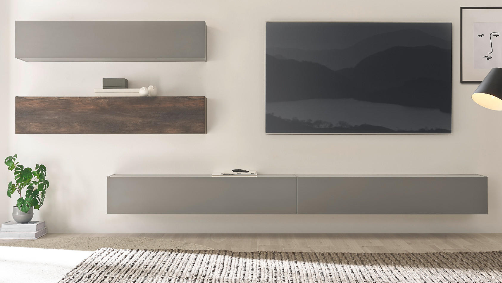 WOHNWAND Thermo Eiche, grau, Wohnkombination 4-teilig 380 cm mit Soft-Close - Eichefarben/Grau, Holzwerkstoff (380/200/30cm) - Furn.Design