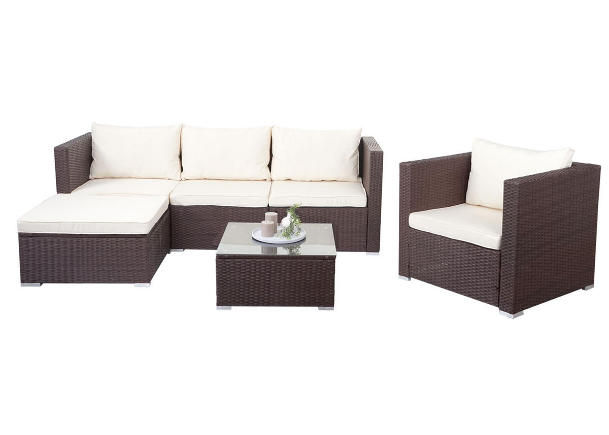 POLY-RATTAN-GARNITUR Braun, Cremeweiß - Braun/Weiß, Kunststoff - MCW