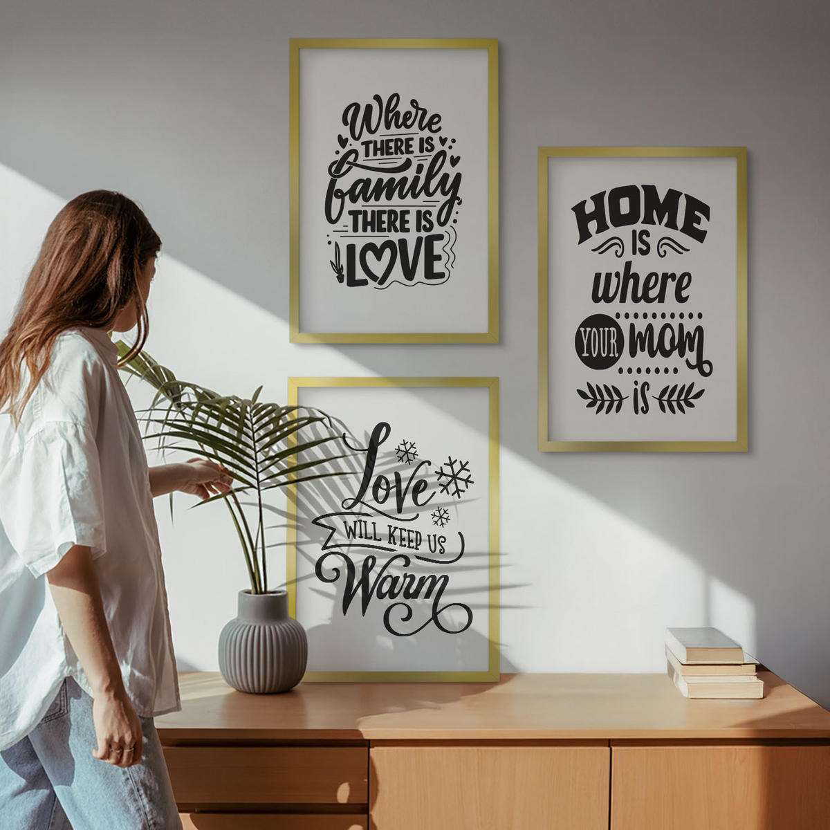 BILDER SET 3er Set - 40x60 cm Goldrahmen - Familie, Liebe, Zuhause, Wärme - Goldfarben, Kunststoff (40/60cm) - TULUP