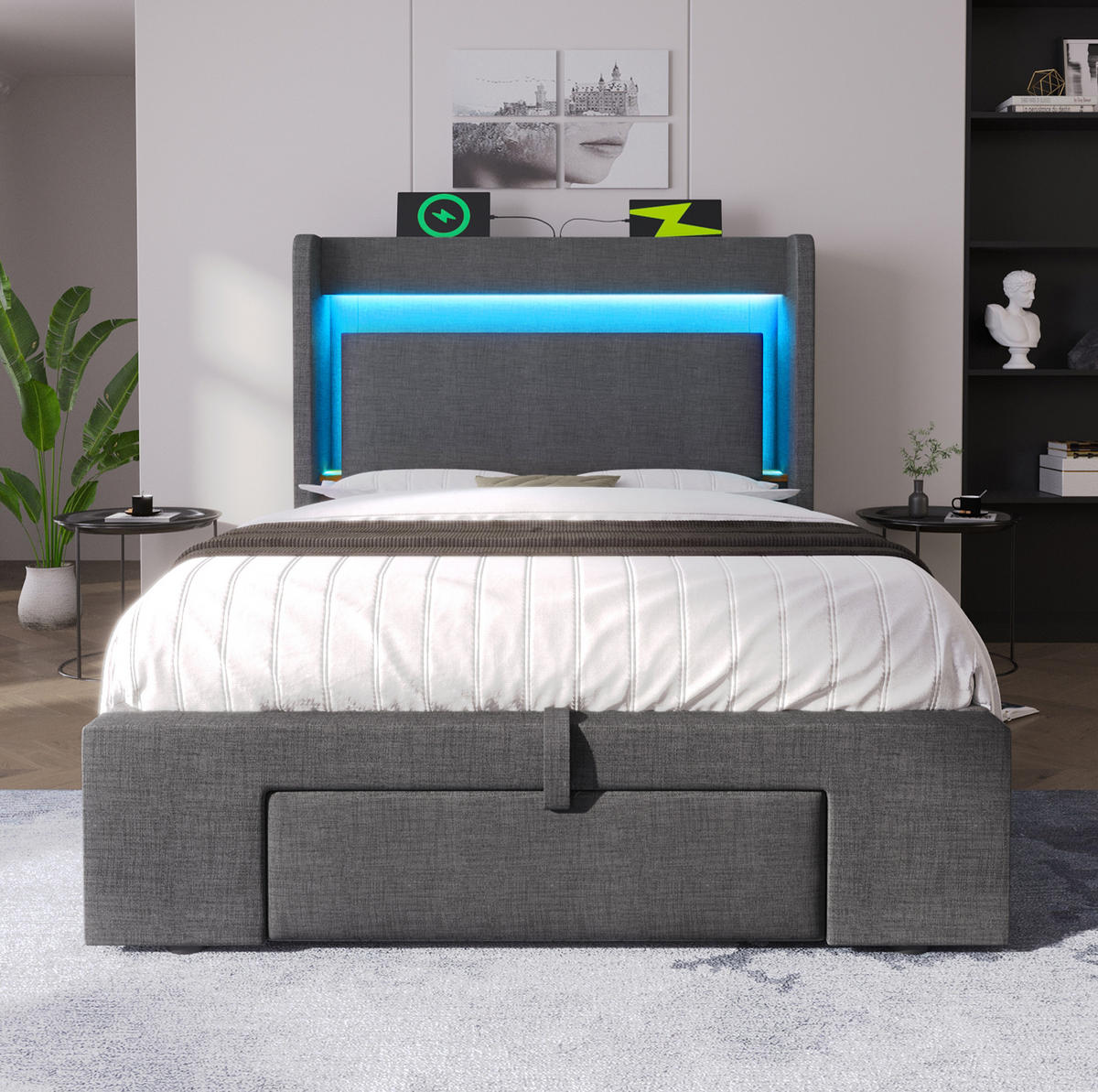 POLSTERBETT 90/200 cm Grau aus Leinen mit Stauraum und LED - Grau, Textil (90/200cm) - OKMYHOME