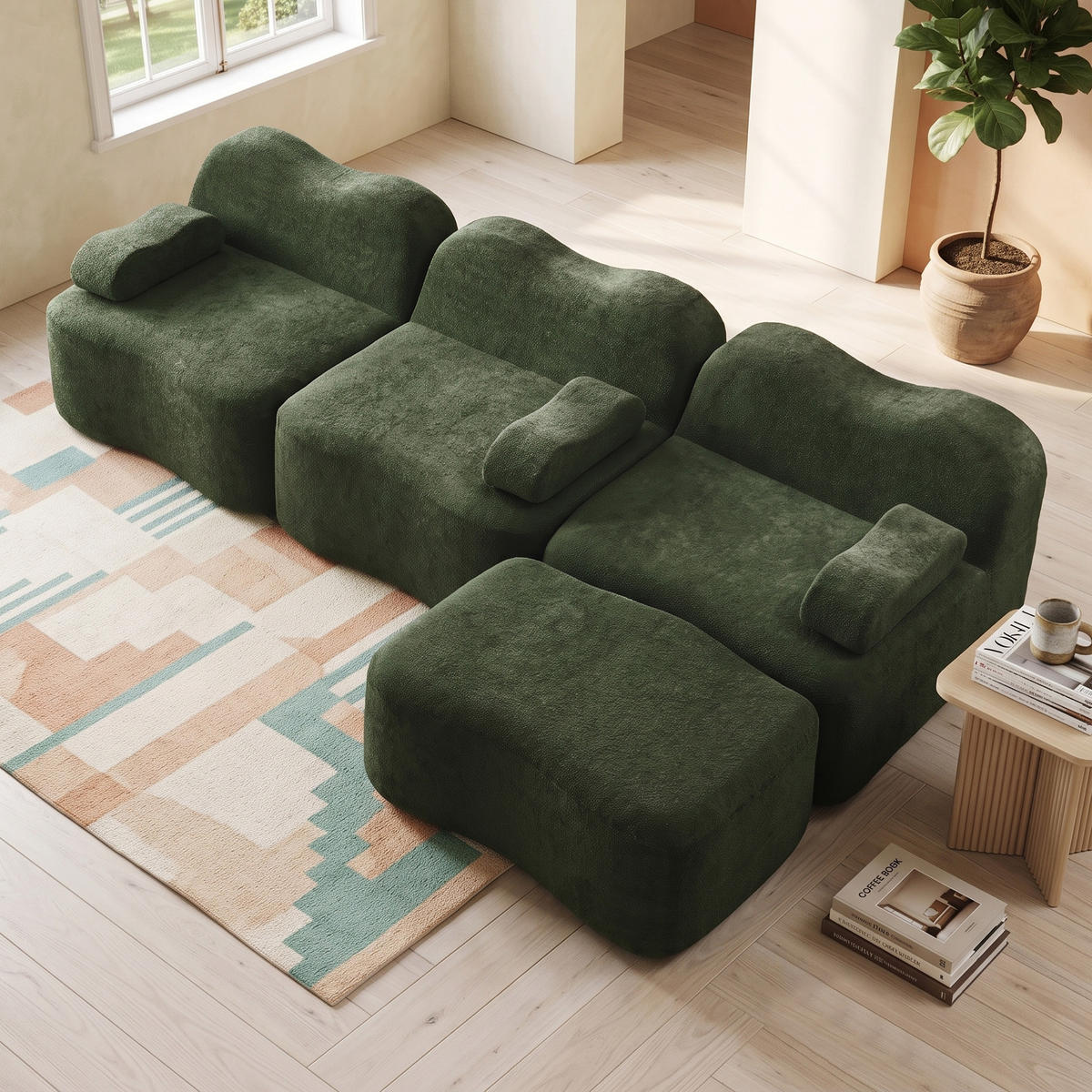 ROHOVÁ POHOVKA ve tvaru L bezrámová sametová s otomanem - zelená barva, textil (288/167cm) - Urban Meuble