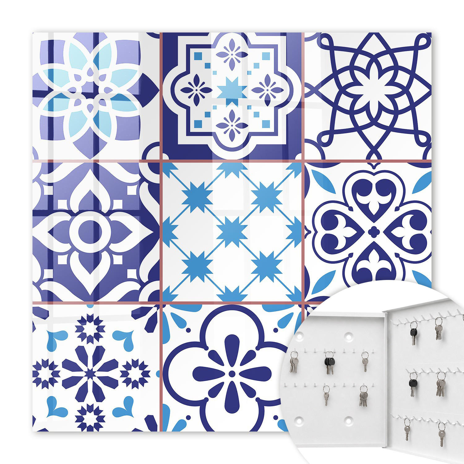 SCHLÜSSELBOX Weiß 30x30 cm – Türöffnung nach rechts - Geometrische Muster - Blau, Metall (30/30/5cm) - TULUP