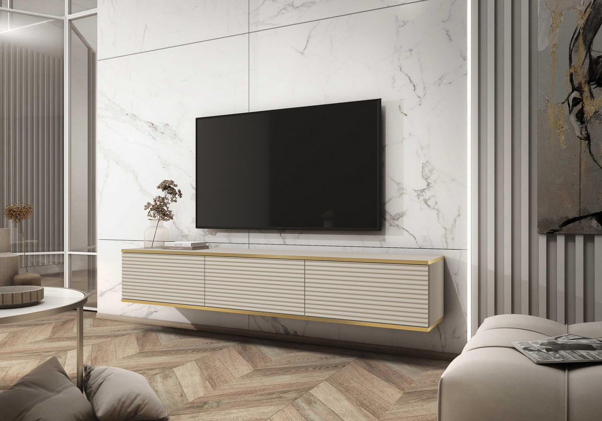 TV-BOARD FORNO (Hängend, Beige, Rillenfront, Goldene Details, 3 Klapptüren, 175 cm) - Beige, Holz/Holzwerkstoff (175/30/32cm) - Ravio