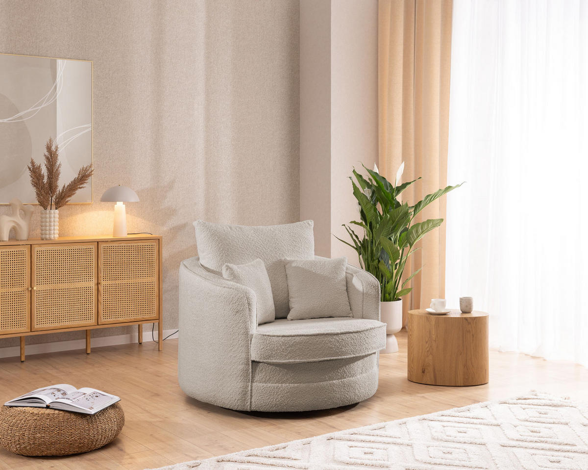 DREHSESSEL Ted aus Beige Boucle-Stoff - Beige/Schwarz, Holz/Textil (107/94/100cm) - S-Style Möbel