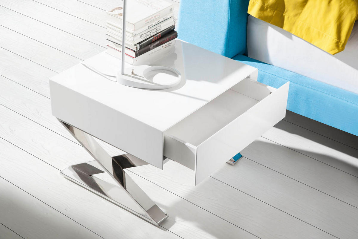 NACHTSCHRANK Nachttisch aus weißem Holz und verchromtem Stahl 50/48/38 cm - Edelstahlfarben/Weiß, Holz/Metall (50/38/48cm) - ANGEL CERDA