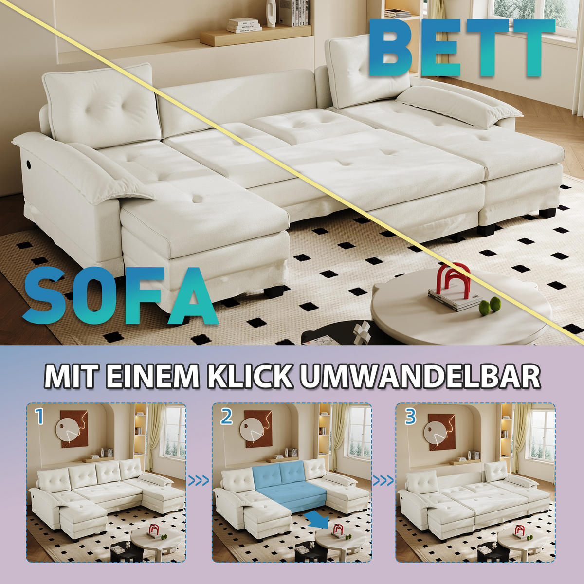 WOHNLANDSCHAFT DE-34946 278 cm mit Schlaffunktion und USB Cremeweiß - Beige, Holz (127/87/278cm) - ComfortXL