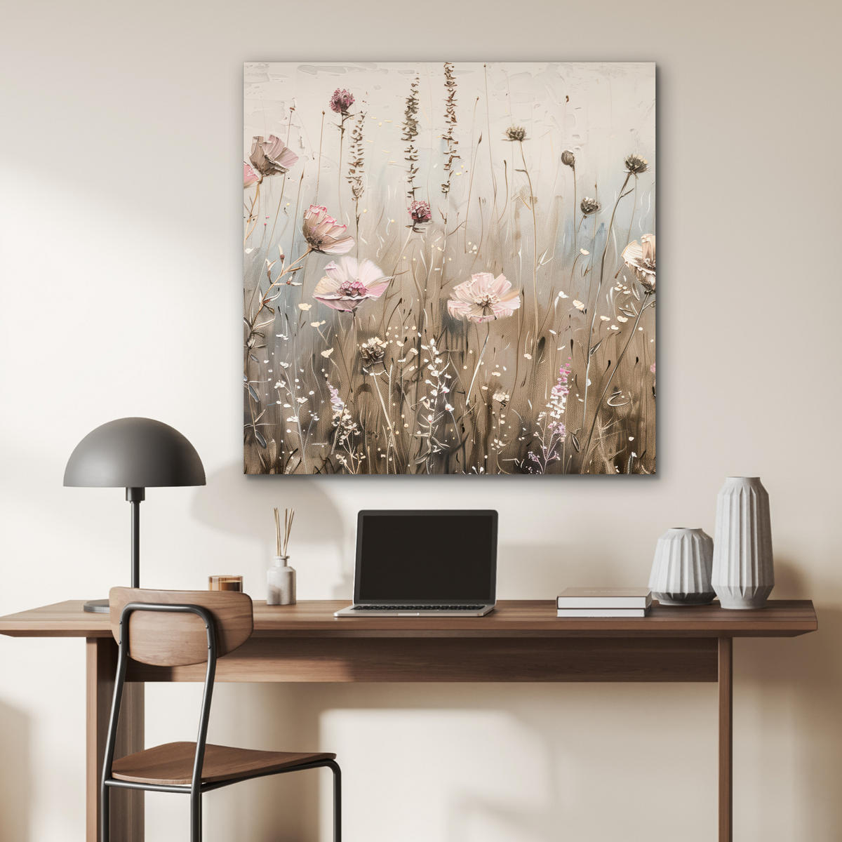 KOVOVÝ OBRAZ Kvety - Ružová - Moderné - Béžová 90x90 cm - béžová, kov (90/90cm) - MuchoWow