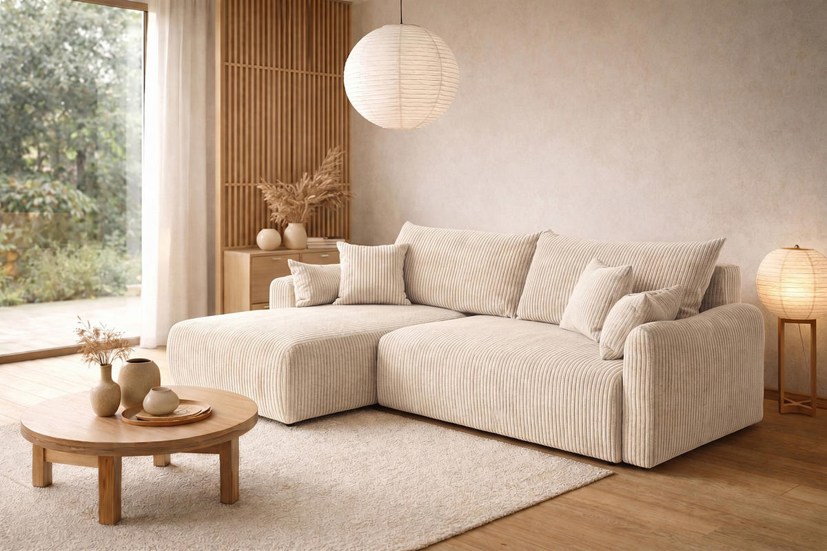 ECKSOFA Mit Schlaffunktion, Cordstoff Poso, Beige, Links, JAPANDI - Creme, Holz (262/145cm) - Kaiser Möbel