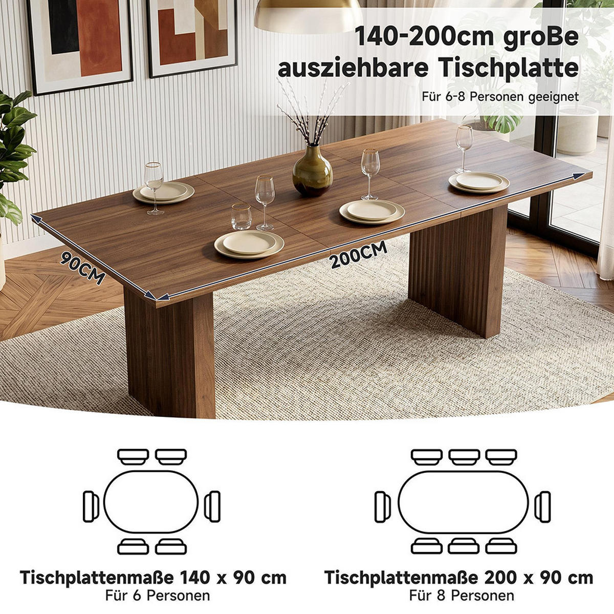 ESSTISCH 140/200 * 90 cm, geeignet für 6–8 Personen, rechteckige Tischplatte, Walnuss - Walnussfarben, Holz (200/90/75cm) - KOMHTOM