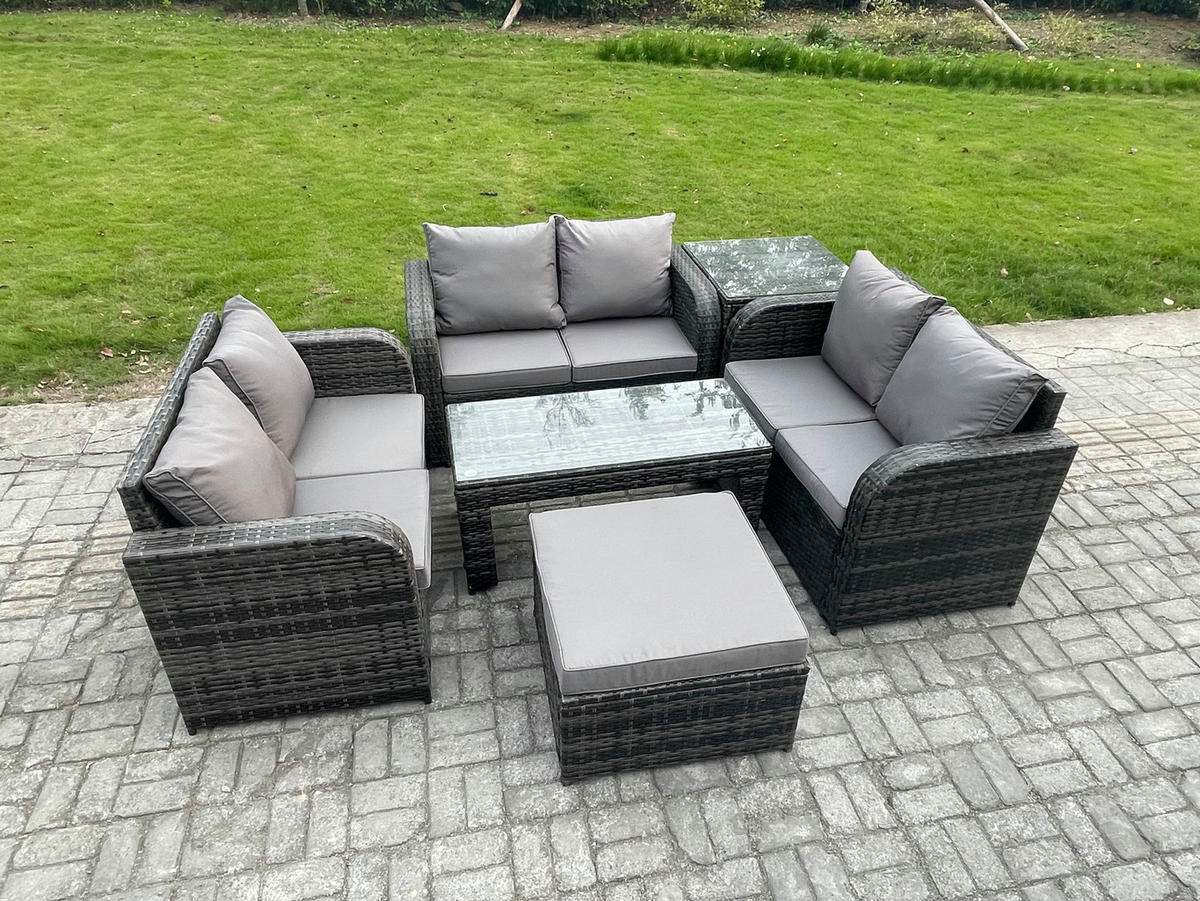 GARTENSOFA SET mit rechteckigem COUCHTISCH Polyrattan 7-Sitzer Dunkelgrau - Dunkelgrau/Grau, Glas/Kunststoff - Fimous