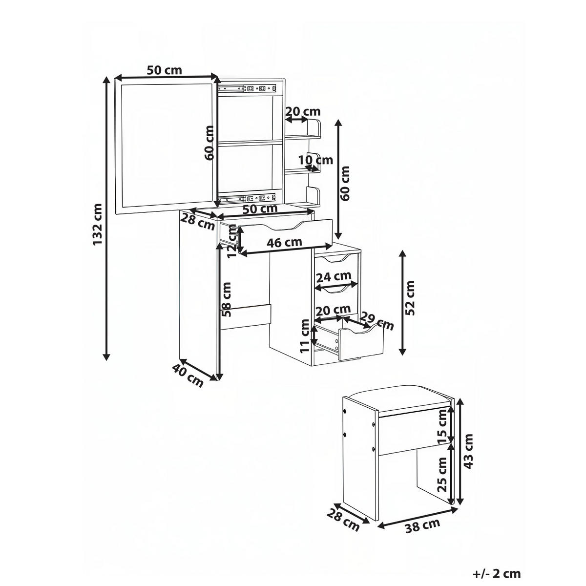 SCHMINKTISCH mit Spiegel und Hocker Weiß Gatineau - Weiß, Holzwerkstoff (76/132/40cm) - Beliani