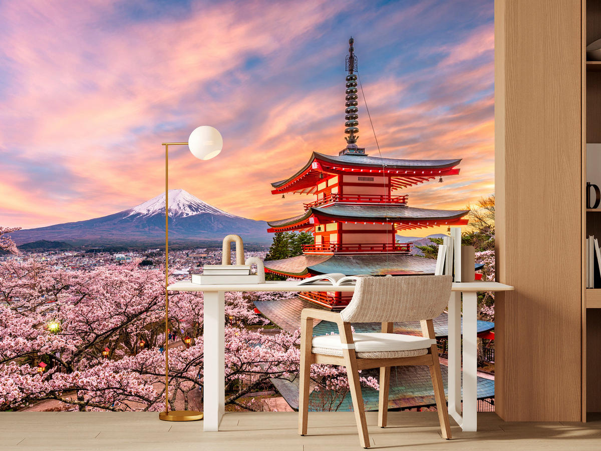 FOTOTAPETE für Wohnzimmer Japanische Pagode Frühling Sonnenuntergang 150x105 - Rot/Violett, Papier (150/105cm) - Muralo