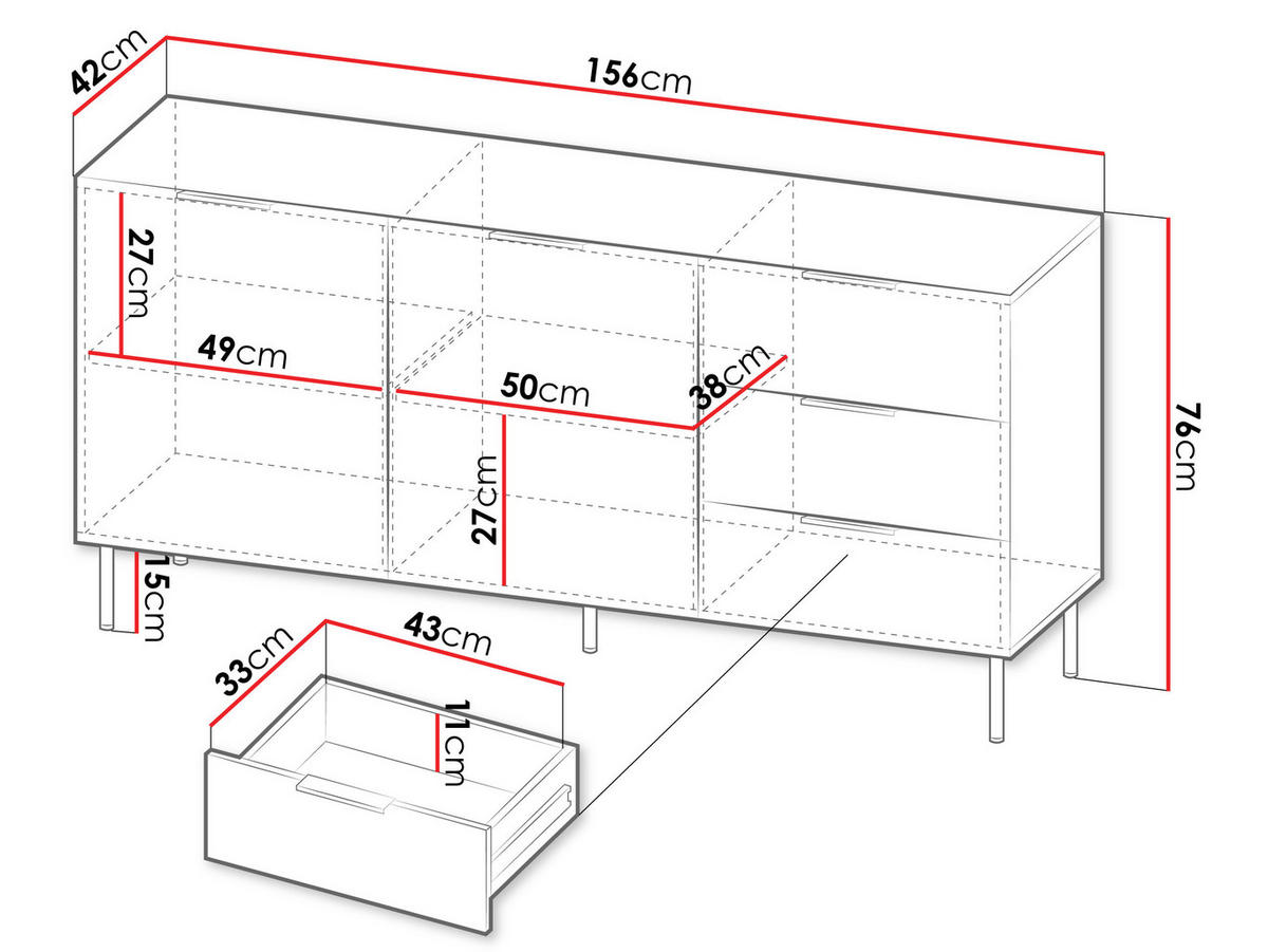 SIDEBOARD Almera 01 - Kaschmir/Nussbaumfarben, Holzwerkstoff/Metall (156/76/42cm) - MIRJAN24