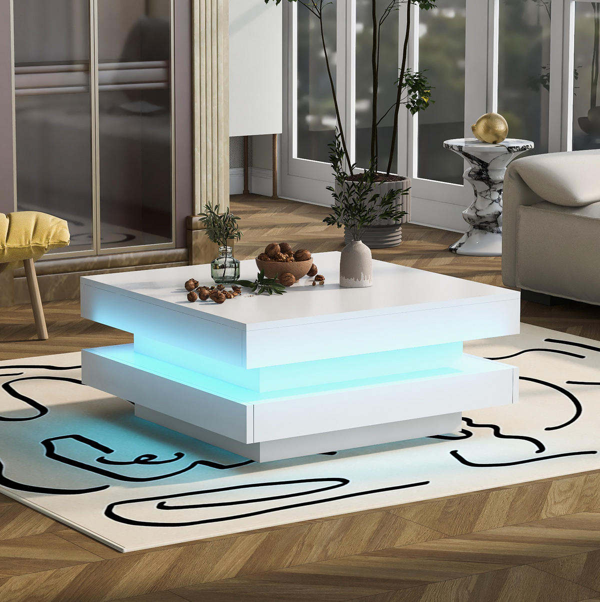 COUCHTISCH 70/70 cm Weiß aus Holzwerkstoff mit LED-Licht und drehbarer Platte - Weiß, Holzwerkstoff (70/70/36cm) - OKMYHOME