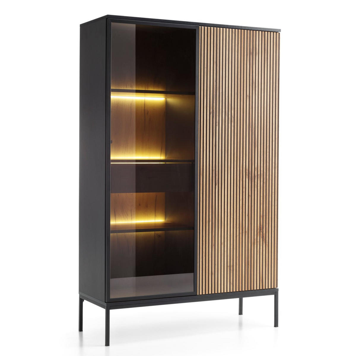 VITRINE Tosena Schwarz / Wotan Eiche mit Schublade und LED - Beige/Schwarz, Holzwerkstoff/Metall (103.5/145.5/39cm) - Selsey