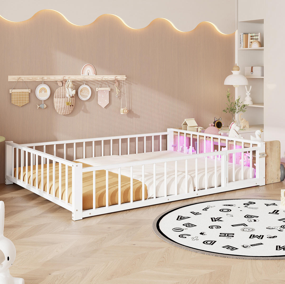KINDERBETT 140/200 cm Weiß aus Metall mit Schutzgeländer und LED-Beleuchtung - Weiß, Holzwerkstoff (140/200cm) - Flora Grace