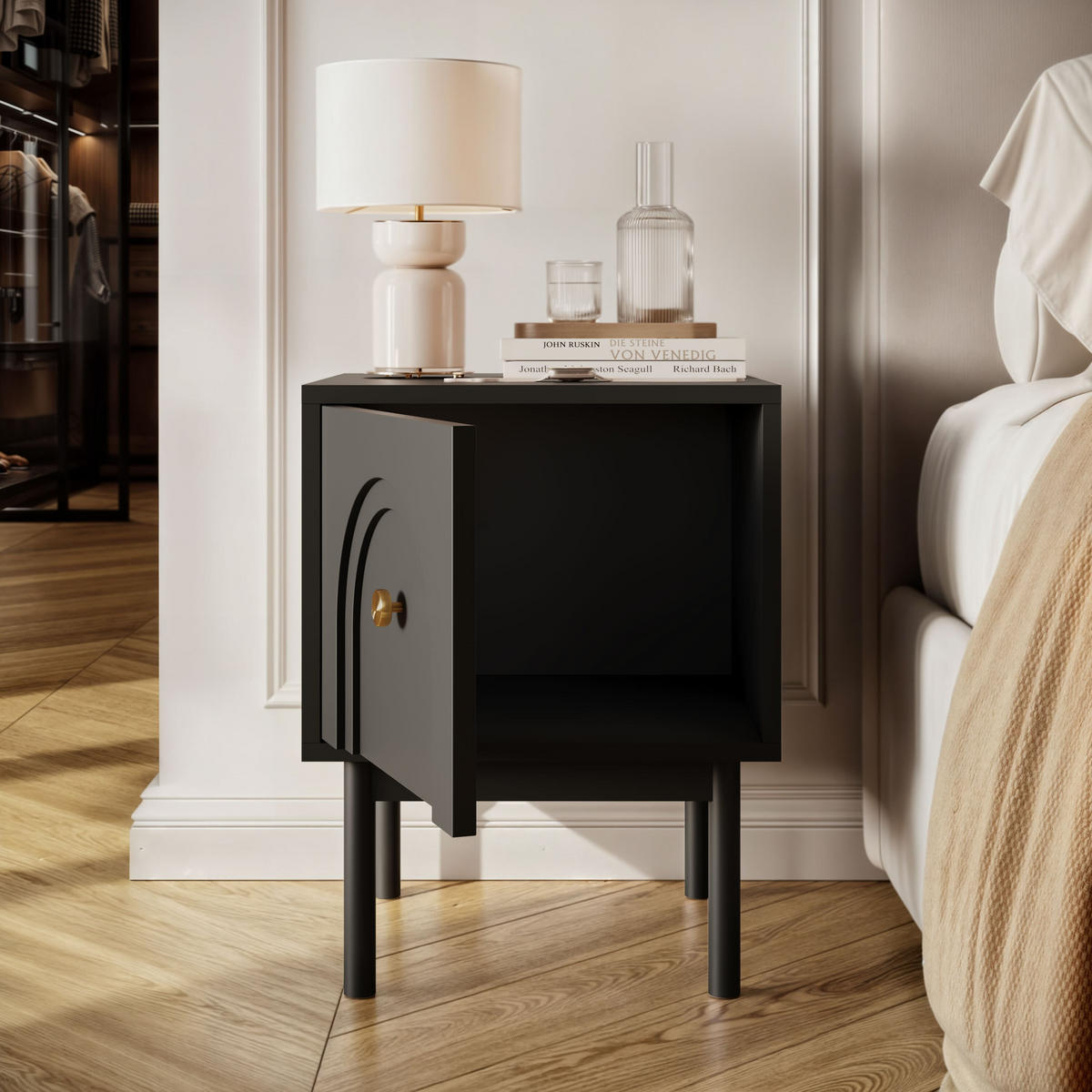 NACHTTISCH LIBERTY auf Holzbeinen schwarz - Schwarz, Holzwerkstoff (41.3/53.5/39cm) - Lookway