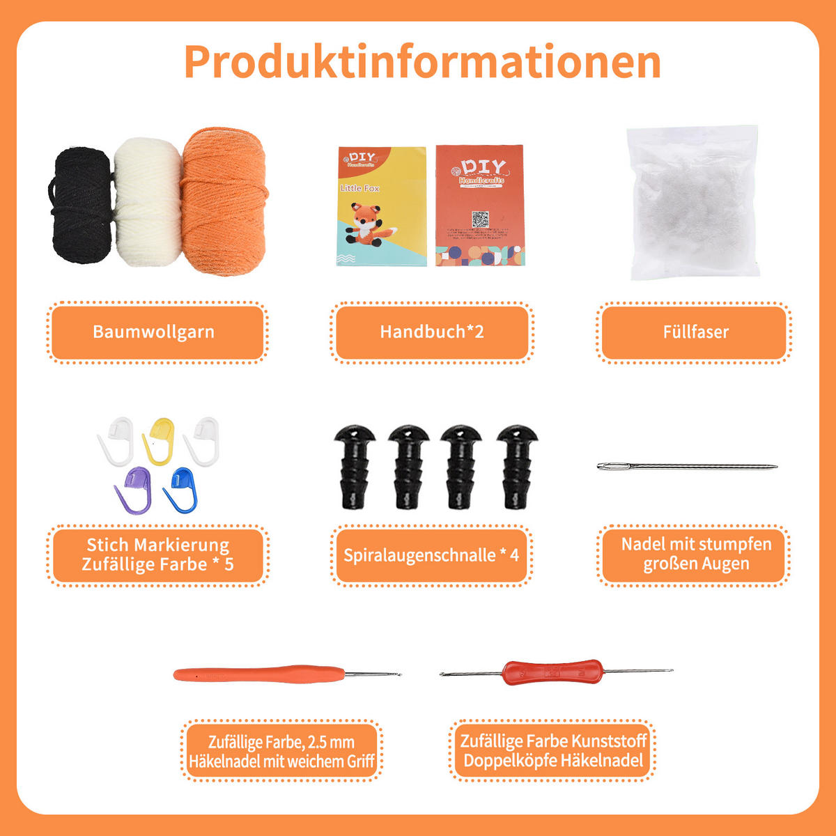 KOMPLET za kvačkanje lisica oranžna, amigurumi za začetnike z navodili - oranžna, tekstil (1/1/1cm)