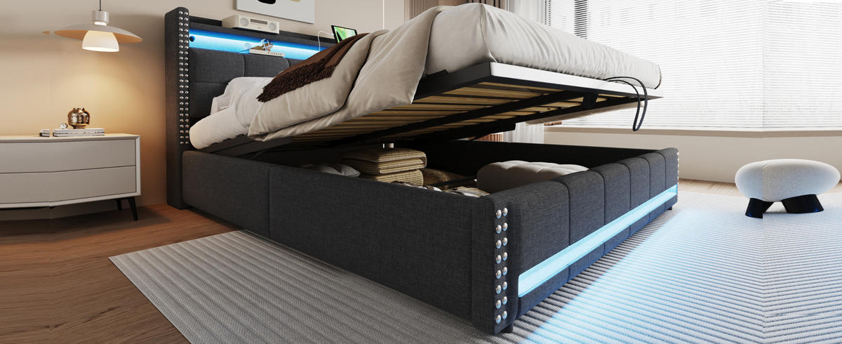 POLSTERBETT 180/200 cm Grau aus Leinenstoff mit LED und Stauraum - Grau, Textil (180/200cm) - OKMYHOME