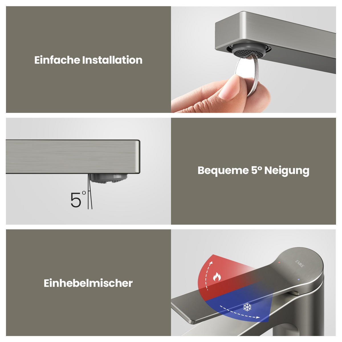 WASCHTISCHARMATUR mit Spulen-Zertifiziertem Filterelement Anthrazit Matt - Anthrazit, Metall (17.3/4.6/19.5cm) - EMKE