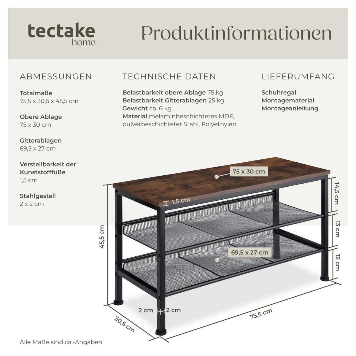 SCHUHREGAL Derry,75,5 x 30,5 x 45,5 cm,Industrial Holz dunkel, rustikal - Rostfarben, Holz (30.5/45.5/75.5cm) - tectake