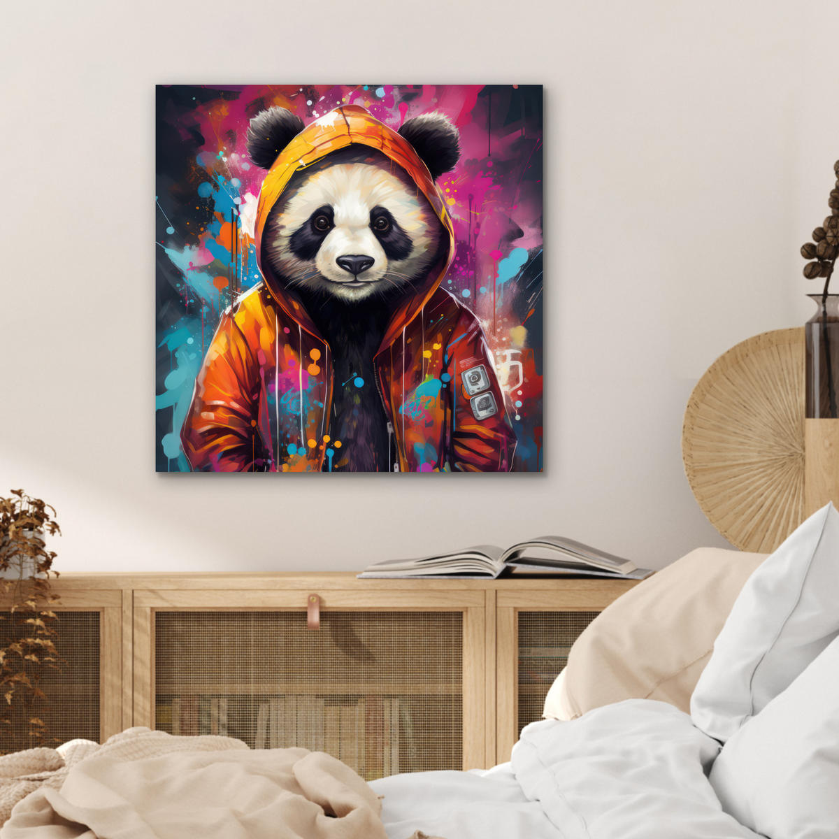 METALLBILD Panda - Jacke - Graffiti - Orange 50x50 cm - Orange, Metall (50/50cm) - MuchoWow