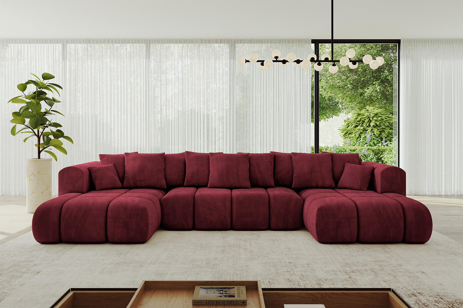 WOHNLANDSCHAFT Ottomane Links CLOUD-U-v1 414x180x40 Bordeaux Velours - Bordeaux, Holzwerkstoff/Kunststoff (414/90/180cm) - ALTDECOR