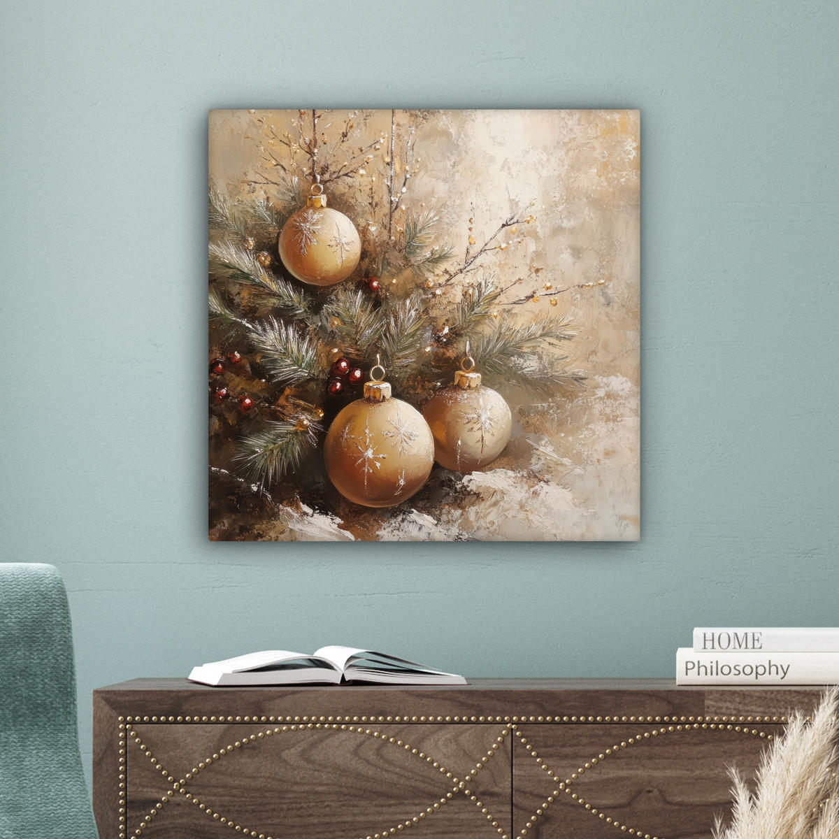 LEINWANDBILD Weihnachten - Kugeln - Beige - Gold Wandbild Wohnzimmer 50x50 cm - Goldfarben, Textil (50/50cm) - MuchoWow