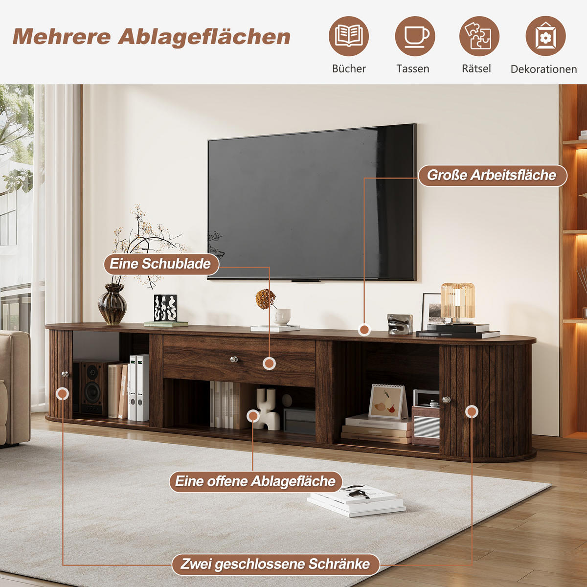 TV-SCHRANK 180/40/40 cm Walnuss mit 1 Schublade und 2 Rolltüren - Nussbaumfarben, Holzwerkstoff (180/40/40cm) - Oxeza