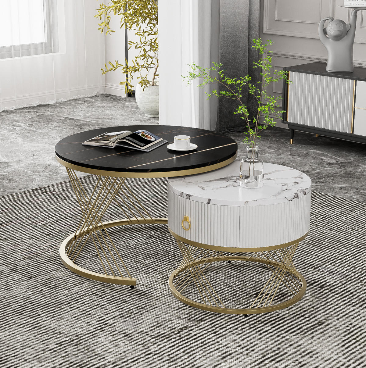 COUCHTISCH 70/70/45 cm im 2er-Set mit Schublade, Marmoroptik und Goldakzenten - Schwarz, Holzwerkstoff (70/70/45cm) - Flora Grace