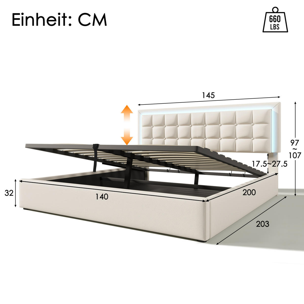 POLSTERBETT 140/200 cm mit hydraulischem Bettkasten, LED-Beleuchtung und PU-Leder in Weiß - Weiß, Kunststoff (140/200cm) - Redom