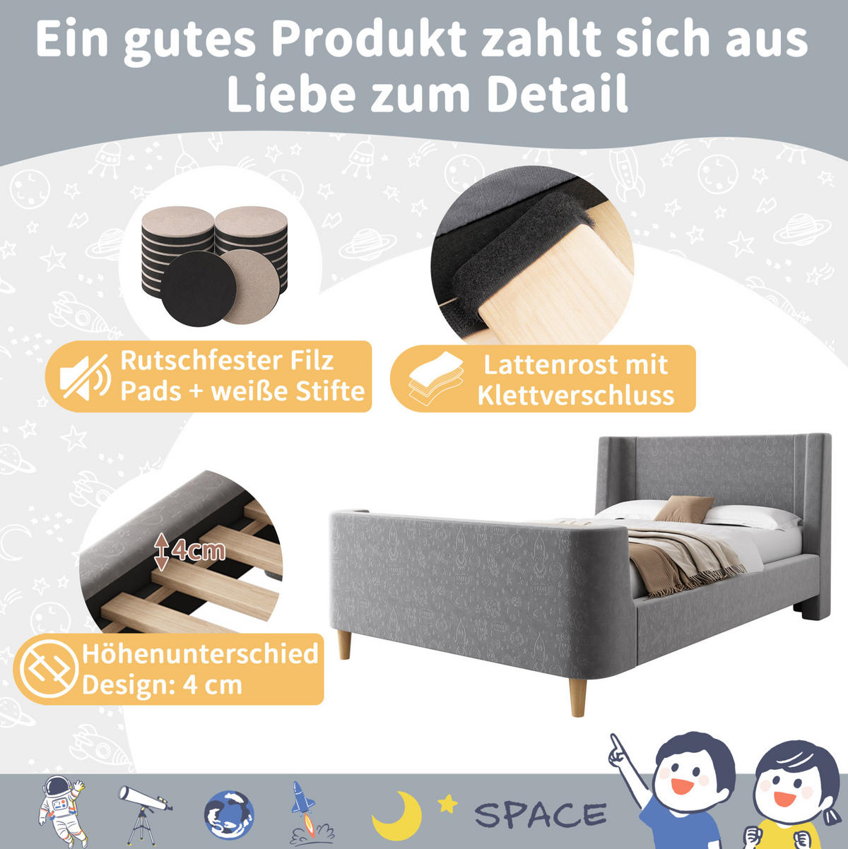 KINDERBETT 90/200 cm Grau aus Samt im Schlittenbett-Design - Grau, Textil (90/200cm) - OKMYHOME