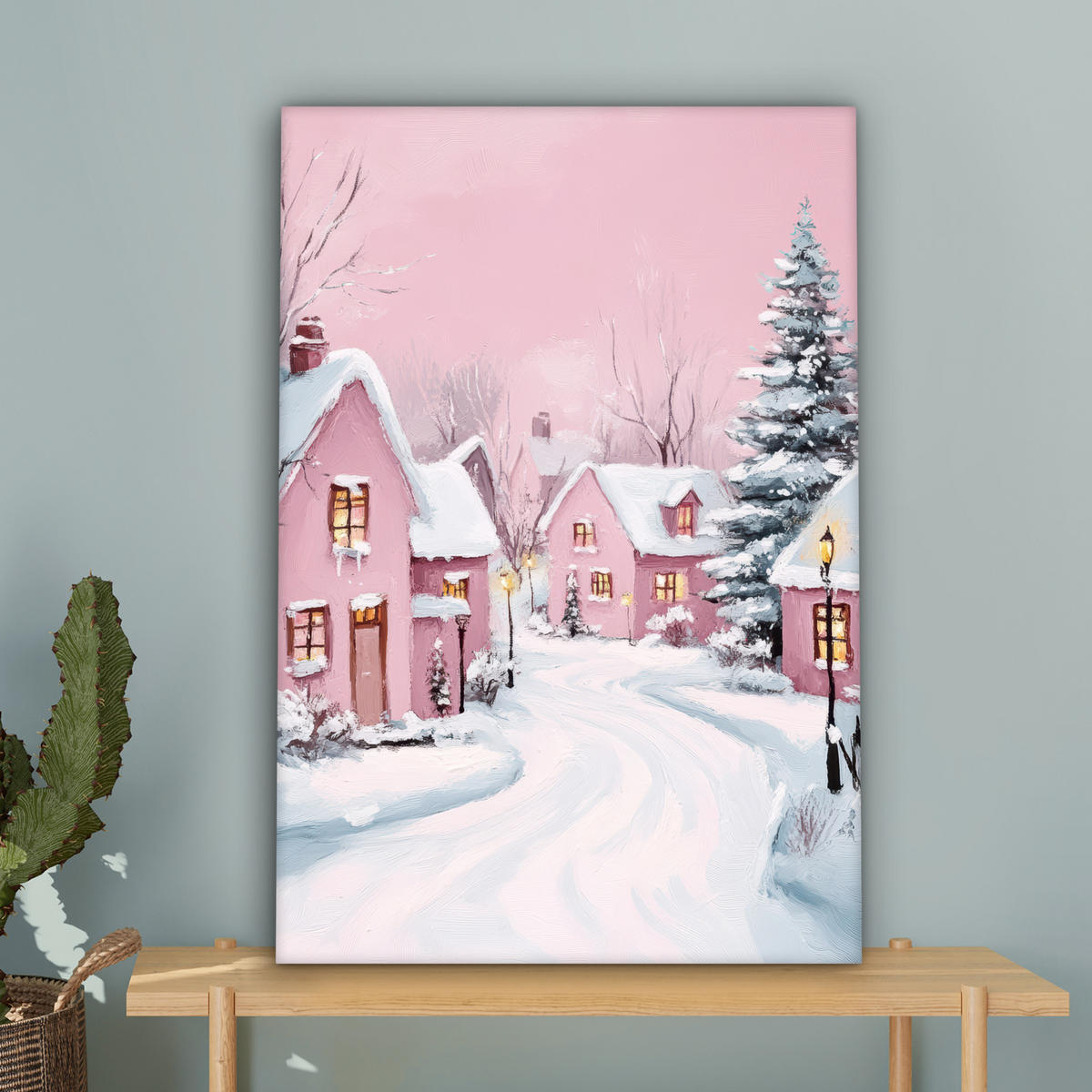 LEINWANDBILD Weihnachtsdorf - Rosa - Winter - Schnee - Häuser 40x60 cm - Altrosa, Textil (40/60cm) - MuchoWow