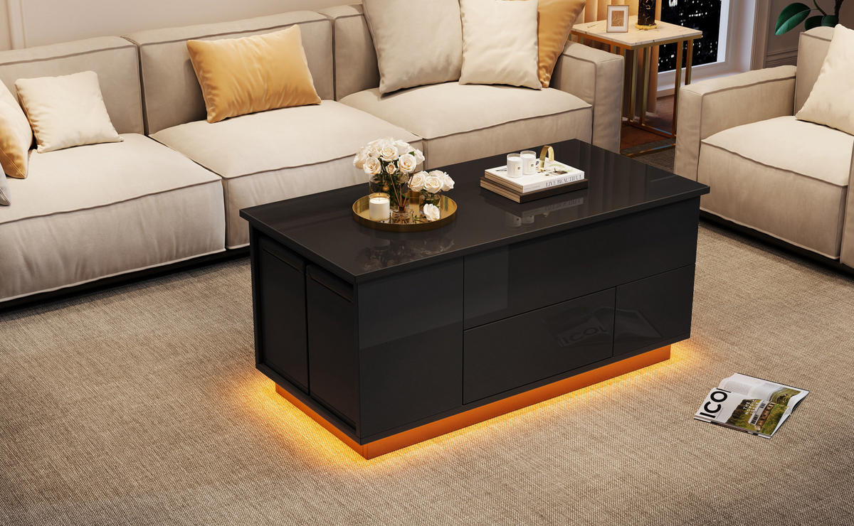 KONFERENČNÍ stolek 100/50/45 cm černý z dřevotřísky s LED osvětlením a 2 taburety - černá, kompozitní dřevo (100/50/45cm) - OKWISH