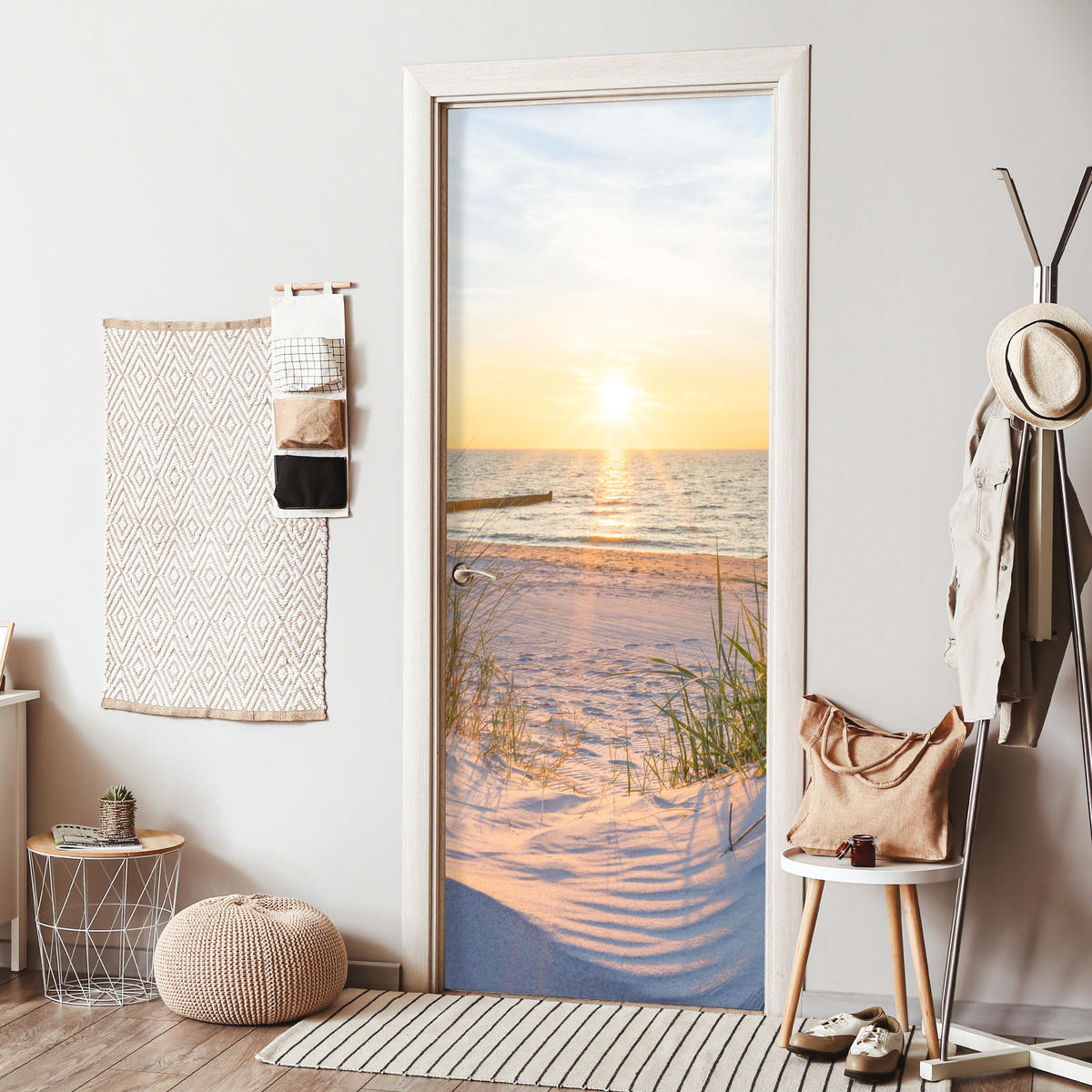 FOTOTAPETE Tür - Strand - Sonne - Düne - Gras - Sand - Horizont 95x235 cm - Dunkelgelb, Kunststoff (95/0.1cm) - MuchoWow