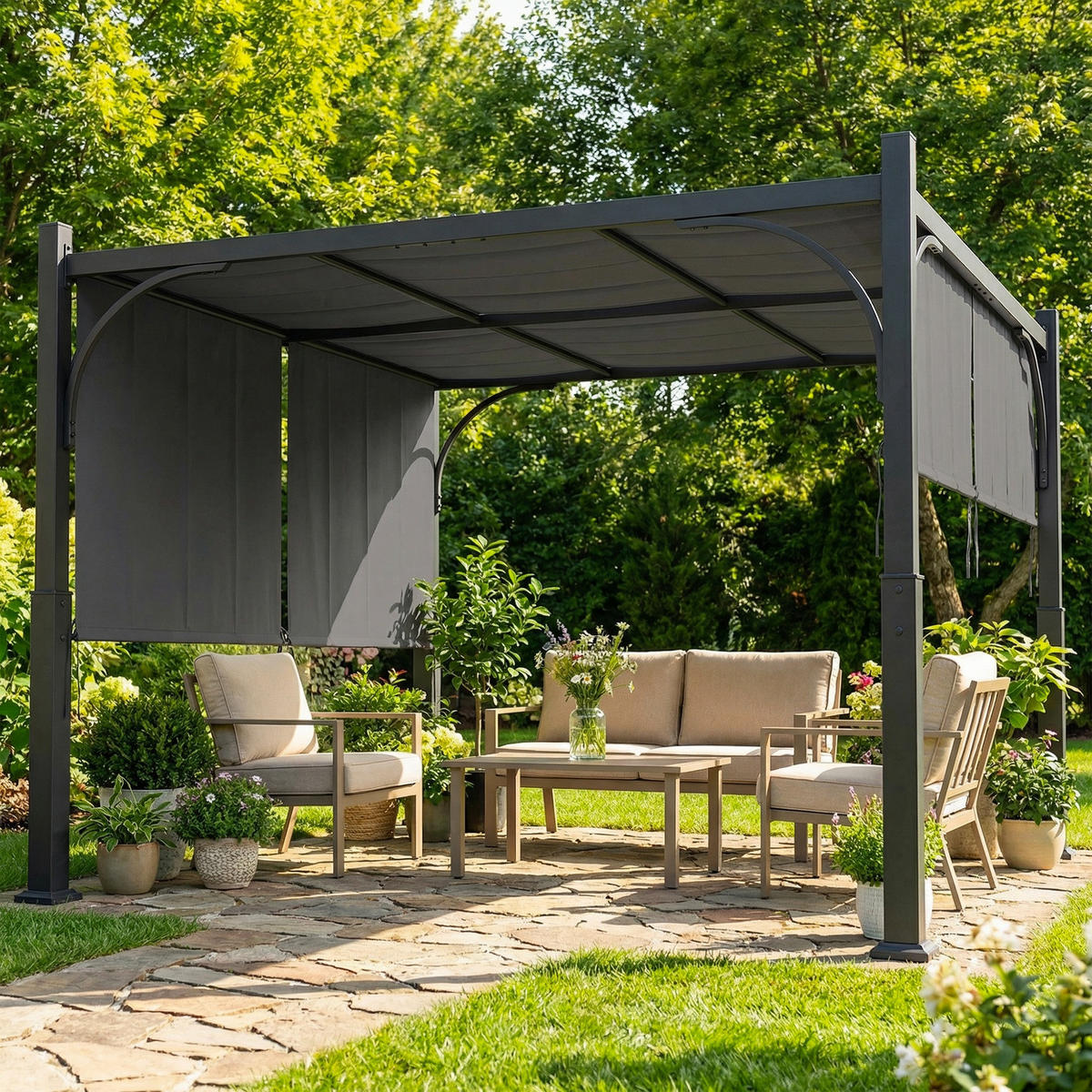 PERGOLA DE-12732 300/300 cm mit Schiebedach UV30+ Dunkelgrau - Dunkelgrau, Metall (300/228/300cm) - ComfortXL