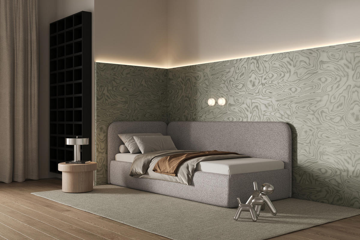 POLSTERBETT BAO mit Bettkasten, Einzelbett, links - 90x200 cm - Naturfarben/Grau, Holz/Textil (90/200cm) - mybed.