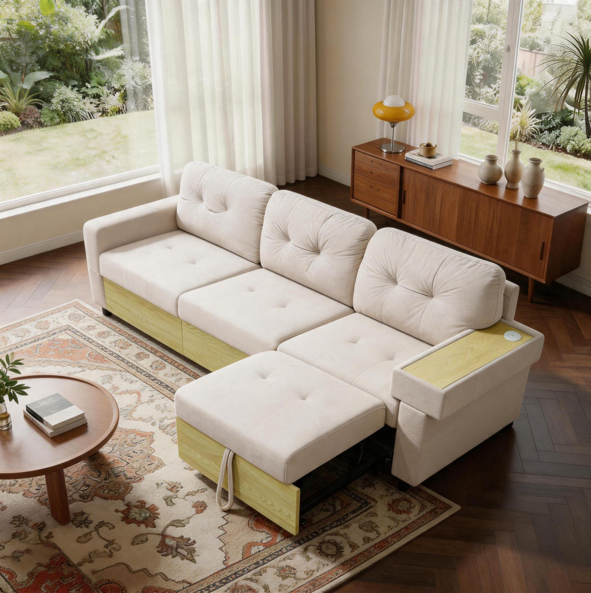 ECKSOFA 228/80/78 cm beige aus Samt mit Stauraum und USB - Beige, Textil (80/228cm) - OKWISH
