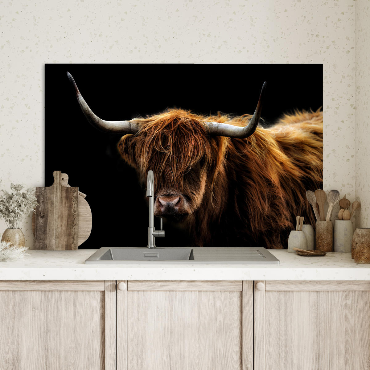 SPRITZSCHUTZ KÜCHE Schottischer Highlander - Hörner - Schwarz - Tiere - Natur - Wild - Kuh 80x55 cm - Cognac, Metall (80/0.3/55cm) - MuchoWow