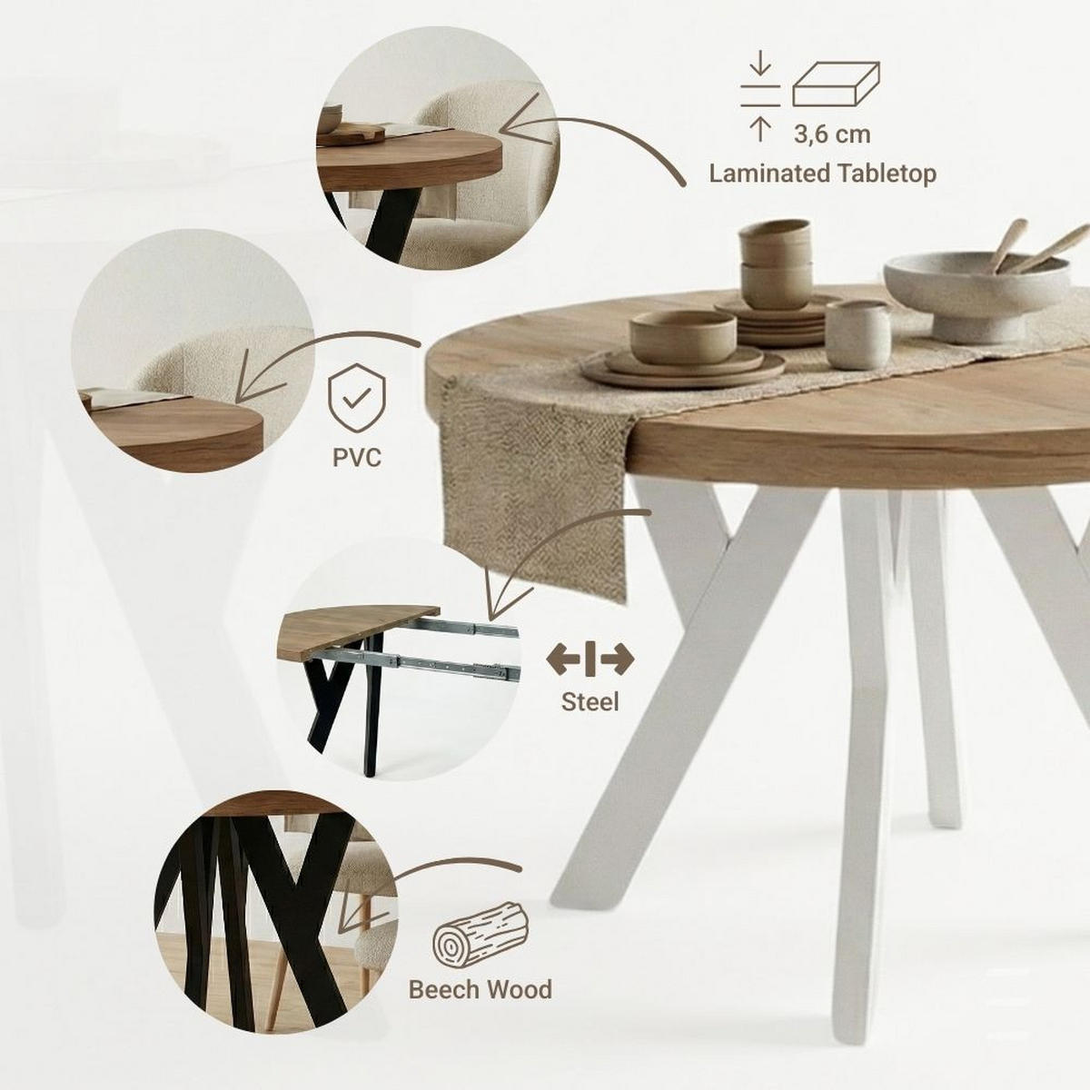 ESSTISCH Runder Ausziehbarer PERO 90/140, Craft Golden/Weiss - Braun/Weiß, Holz (140/90/77cm) - Dekori_Interiors