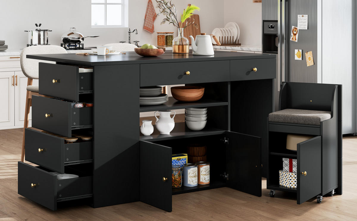 KÜCHENINSEL 140/40(70)/89 cm schwarz mit Hocker und Stauraum - Schwarz, Holzwerkstoff (140/89/70cm) - OKWISH