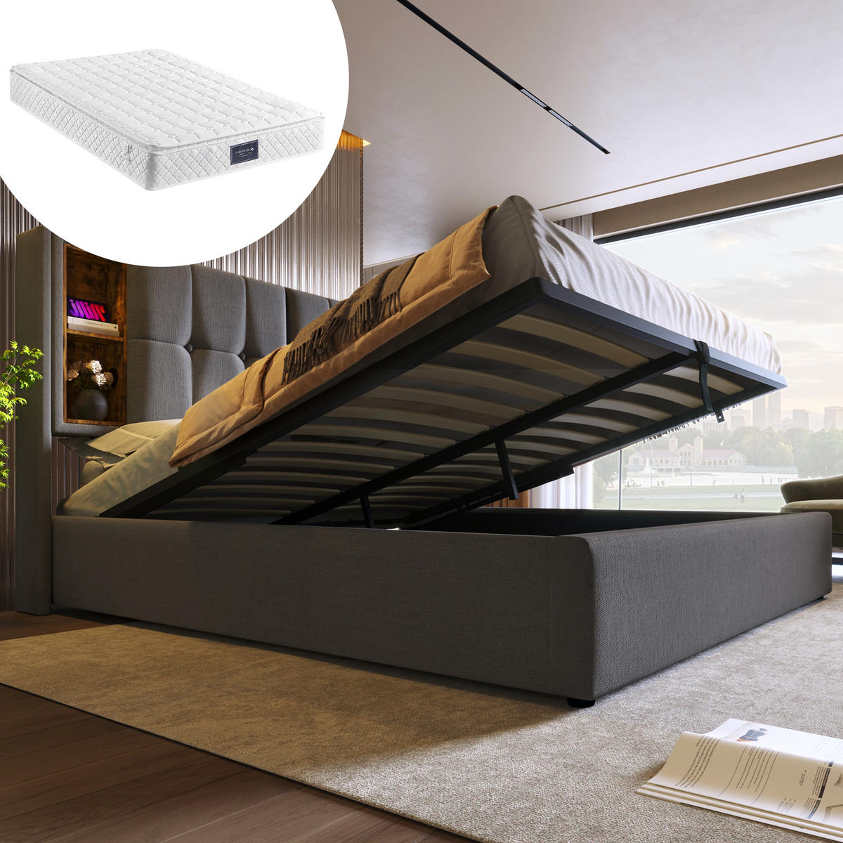 POLSTERBETT 160/200 cm Grau mit Stauraum und kabellosem Laden mit Matratze - Grau, Textil (160/200cm) - OKWISH