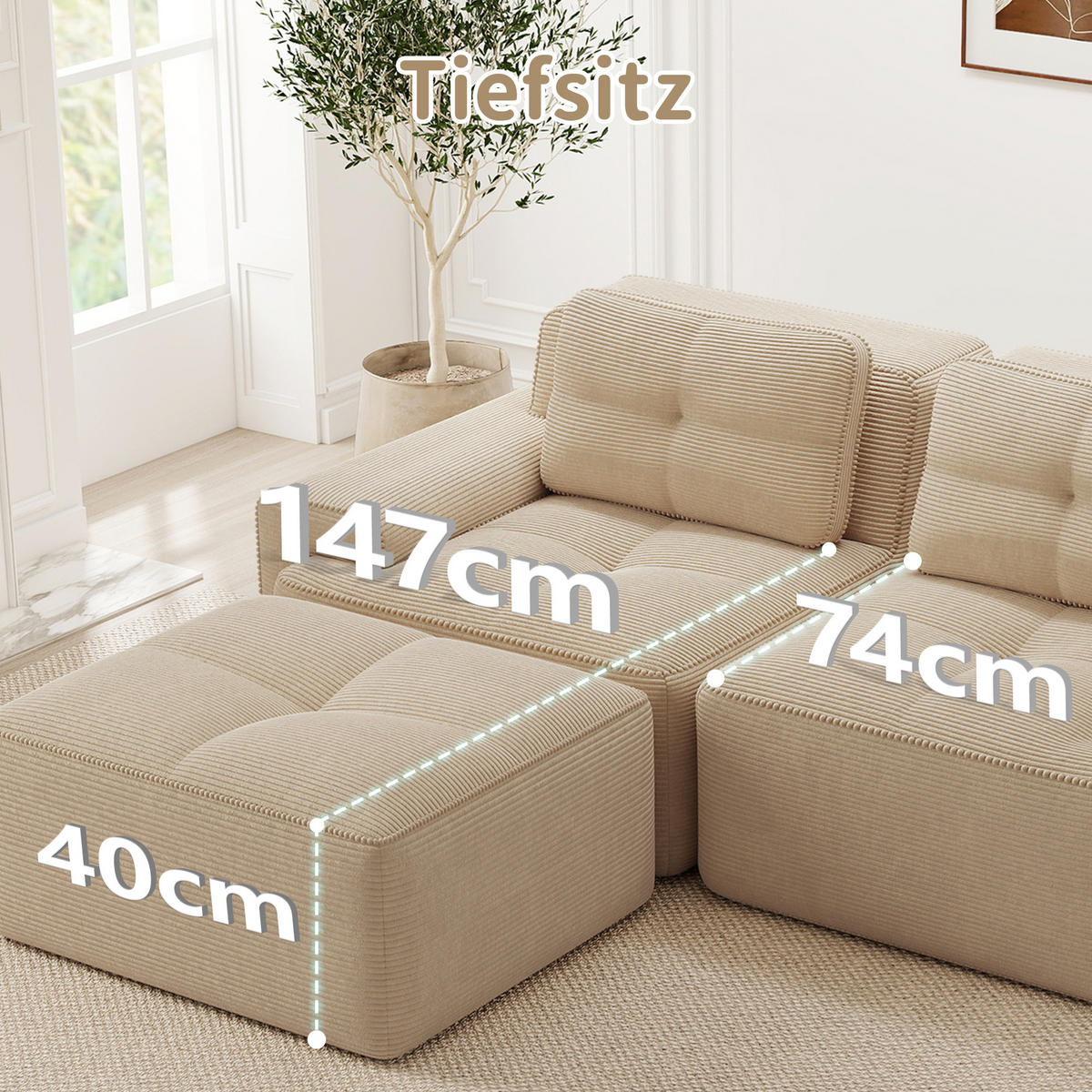 ECKSOFA Cord Beige mit Ottomane - Beige, Textil (204/177cm) - WISHDOR